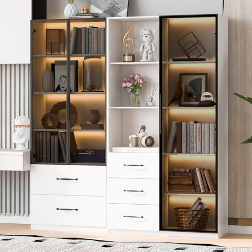 BTM Vetrina Espositiva da Terra con LED Credenza con Vetrina Alta in Vetro Soggiorno Moderni Vetrinetta per Collezionismo