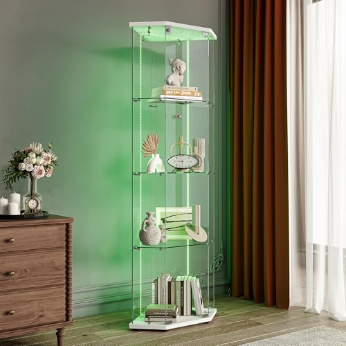 JiaOyu Vetrina angolare con ante in vetro, 4 colori, con illuminazione a LED e lucchetto, grande armadietto angolare multiuso per soggiorno, ufficio (bianco + strisce luminose, armadio ad angolo)
