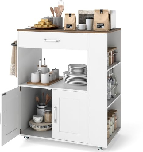 GOPLUS Carrito Isla de Cocina Rodante, Mesa de Almacenamiento de 75 cm con 2 Ruedas Bloqueables, Toallero, 3 Estantes para Especias, Cubo Abierto de 2 Vías, Mesa Carro Móvil (Blanco)