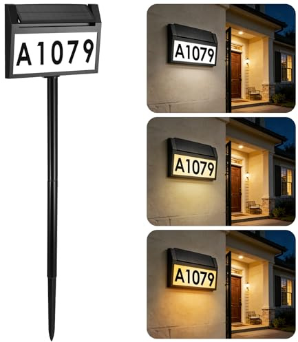 YUNYODA Numero civico solare con 32 LED numero civico con illuminazione a LED, 3 modalità, numero civico illuminato automatico giorno e riconoscimento notturno, lavagne e cartelli per esterni
