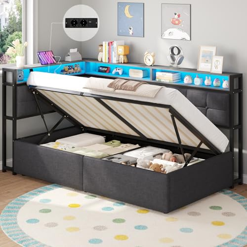 DICTAC Cama tapizada de 90 x 200 cm con espacio de almacenamiento, LED y estación de carga, cama juvenil con cajón hidráulico, compartimento de almacenamiento de dos niveles, cama individual en gris