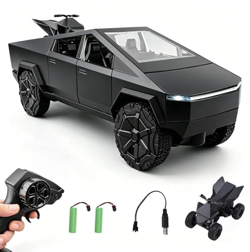 Hylukon 1:24 Scale RC Alloy Pickup Truck, 2.4G Cyber Truck All-Terrain with Light Sound Effects 5 Channel Remote Control Metal Body Opening Doors Detachable (Black)