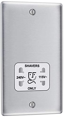 BG Electrical Dual Voltage Shaver Plug Socket, Electric Toothbrush Charger Socket, Bathroom, Raised and Slim Profile, Round Edges, Nexus Metal, 2-Pin, Brushed Steel, White Inserts, 115V / 240V, NBS20W