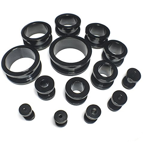 Black Surgical Stainless Steel Screw-Fix Flesh Tunnels Ear Plugs 316L Ear Expanders 14MM