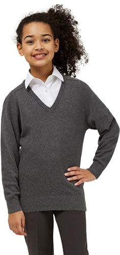 Trutex Kids Marl Grey School Jumper – Plain V Neck 100% Cotton Knit, Long Sleeve Standard Fit School Uniform Sweater for Boys and Girls - (16-17 Years)