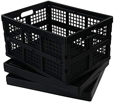 Morcte 34 L Plastic Rectangular Collapsible Crates, Pack for 3, Black | Folding Crates Storage, Space Saving, Stackable, Sturdy Build, Ideal For Groceries, Tools & Household Items