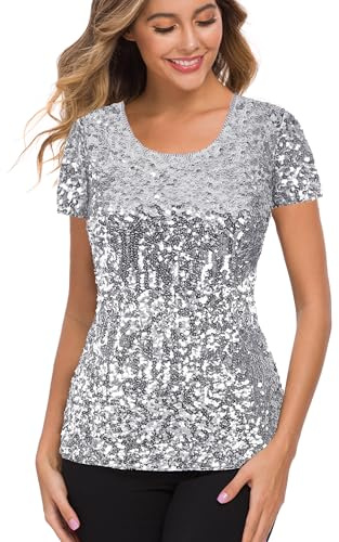 MANER Women’s Full Sequin Tops Glitter Party Shirt Short Sleeve Sparkle Blouses S-3X (Silver Grey, M/US 8-10)
