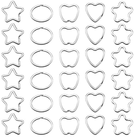 Yangfei 30 Stück Spaltringe aus Metall, Schlüsselring, Schlüsselanhänger, Metall, in 5 verschiedenen Formen, Metallringe, in Herzform, Blume, Stern, Apfel und Oval, Weiß, S, Schlüssel, Weiß, S,