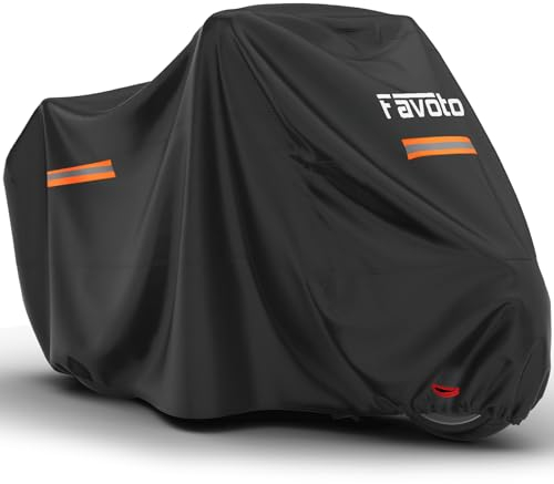 Favoto Funda para Moto Impermeable XL Cubierta de Motocicleta Protectora al Aire Libre a Prueba de Polvo Sol Lluvia Viento Nieve con Tiras Reflectantes Negro 220x102x122cm
