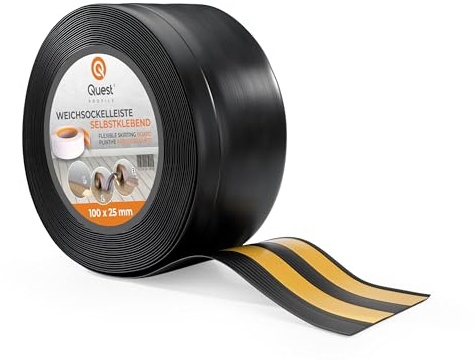 Quest Mjuk Golvlist Självhäftande, Mjuk Sockellist– 100 mm x 25 mm – avslutningslist, bred böjbar list – för väggar, golv – PVC, flexibel, vattentät, dekorativ (Svart, 5m)