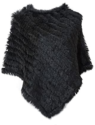 CRIIFG SWAIT Tricoté Authentique Fourrure de Lapin Poncho Pullover Châle (Black)
