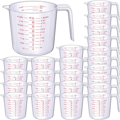 Fabbay 24 Pcs 4 Cup Capacity Plastic Measuring Cup 1000 ml Clear Graduated Measuring Cups Plastic Mug with Spout and Handles Ounce and Ml Marking for Recipe Ingredient Flour Water Liquid(Red,32 oz)