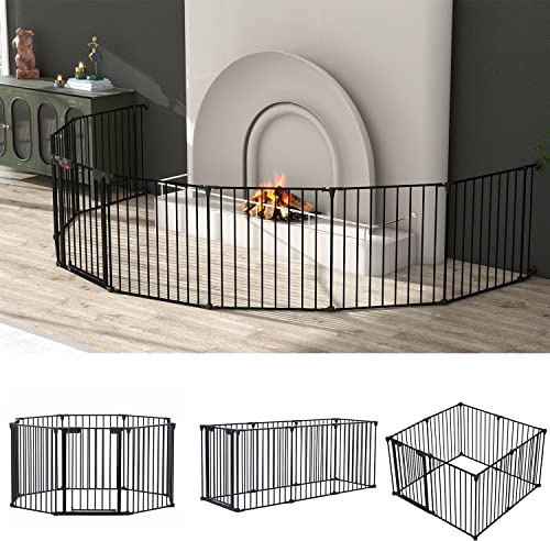 EPIKOIB 200 Wide Baby Gate, Safety Playpen Fireplace Fence Guard, Adjustable 8-Panel Metal Play Yard for Toddler/Kids/Pet/Dog, Christmas Tree Fence, Includes Wall Mounts
