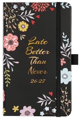 Pocket Diary 2026-2027 - Diary 2026-2027 Week to View A6, August 2026 - July 2027, Inner Pocket, Pen Holder, 10 Note Pages, Black and Flowers, 16.1 x 9.6 cm