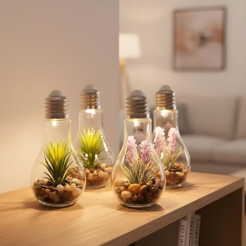 levandeo Set di 4 lampadine a LED per piante grasse, in vetro, larghezza x altezza: 8 x 19 cm, lampada decorativa verde, lampada da tavolo a sospensione