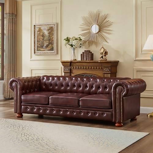 N NOORDENIYA Chesterfield Leather Sofa, 89 Mid Century Modern Couch with Low Back, Roll Arm Nailhead Trim Classic 3 Seater Couch for Living Room, Office, Apartment, PU Burgundy