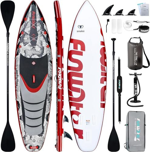 FunWater Planche de Stand Up Paddle Gonflable Ultra-Légère avec Pagaie Réglable, Sac à Dos, Pompe, Laisse en Spirale, Ailerons – Convient à Tous Les Niveaux