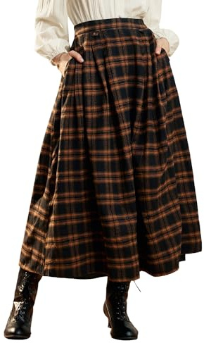 Womens Plaid Skirts Elastic Waist A-Line Pleated Tartan Long Skirts with Pockets Orange Plaid L
