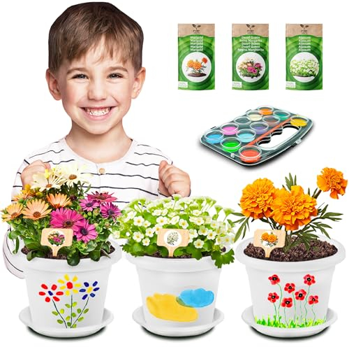 PYEF CRAFTS Kit Cultivo Flores & Pinturas para Niños - Kit Jardineria Niños - Huerto Urbano de Flores (Marigold, Alyssum & Reina Marganita Enana) - Set Huerto Infantil Manualidades
