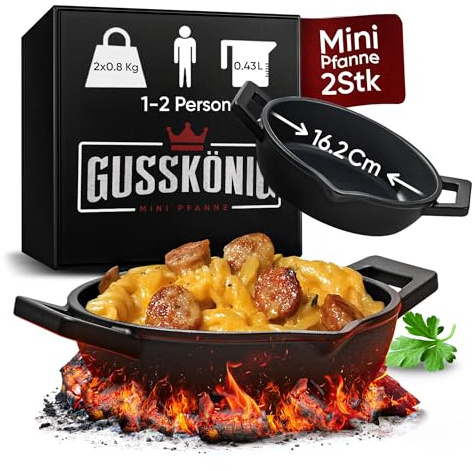 GUSSKÖNIG Gusseisen Grillpfännchen für Grill (2er Set) - Gusseisenpfanne klein Ø 11 cm - 2x kleine Pfanne - eingebrannte mini Pfanne - 30 Jahre Garantie