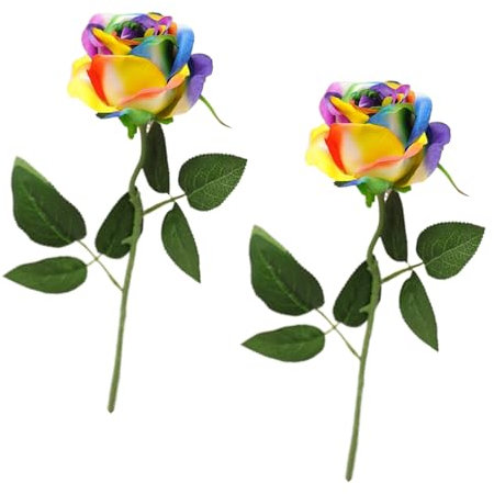2 Pcs Artificial Roses, Rainbow Fake Roses Artificial Flowers, Artificial Rainbow Roses Silk Flowers, for Home Garden Party Wedding Hotel Office Decor