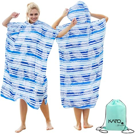 Kato Tirrinia Surf Poncho omflyttningshjälp strand för kvinnor män, badponcho med huva absorberande vindtät, handduk poncho som flytthjälpmedel för surfare simning camping bastu bad, blått blad