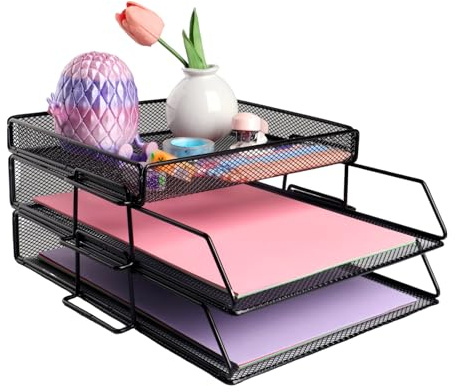 EasyOFC Schreibtisch-Organizer mit 2 Ebenen, Netzstoff, Schreibtisch-Organizer, Büro-Aktenhalter mit Schreibwaren-Aufbewahrung, Papier, Dokumente, Brief-Organizer mit oberem Schreibwarenhalter