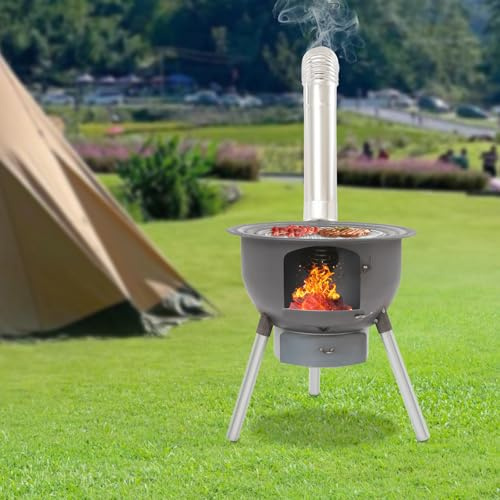 Träugn utomhus tältkamin med rör/grillplatta/wokringar, multifunktionell trädgårdsugn, bärbar campingugn, ståleldstad för matlagning och uppvärmning, nödugn för överlevnad och utomhusaktiviteter