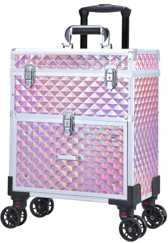 Maleta Maquillaje con Ruedas Maletín Maquillaje Profesional con Cajones, Maletín de peluquería Caja Maquillaje para para Maquilladores, Peluqueros y Técnicos de Uñas, con Bolso Desmontable, Rosa