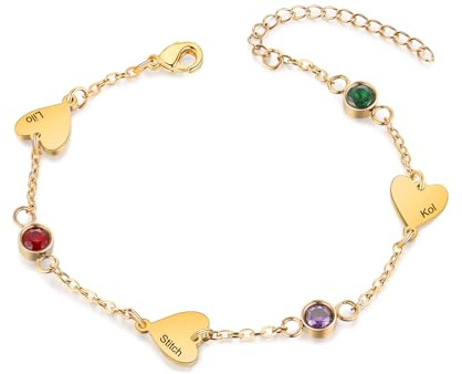 Presentimental Bracelets avec 1 à 5 Prénoms Bracelet Personnalisé Cœur avec Pierre de naissance pour Femme Bracelet en or Cadeau pour Femme (3 nom)