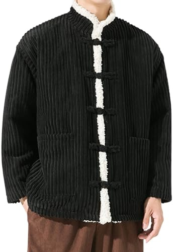 VEMOW Giacca Uomo Tang Cinese in Velluto Cotone - Kung Fu Colletto Alto Bottoni a Rana, Maniche Lunghe Plush Caldo Coat, Stile Tradizionale(Black, M)