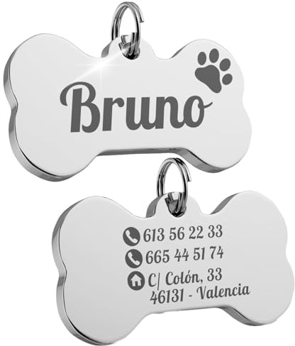 ErenBros Chapa perro grabada con nombre de acero inoxidable | Placa mascota personalizada robusta | Diseño único y duradero | Ideal como regalo para mascotas (Perro, Mediano - 3cm)
