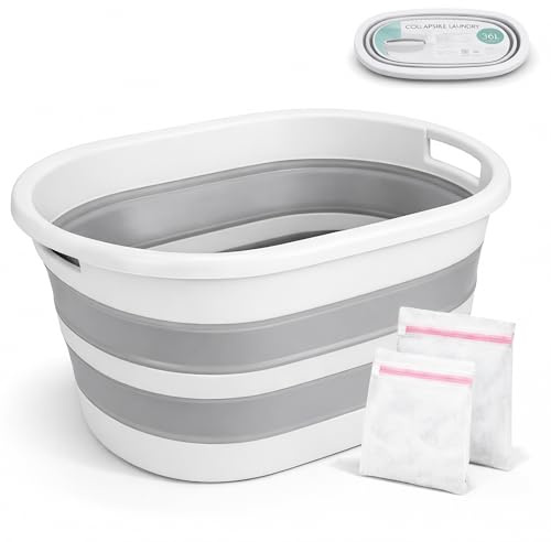 ForenTex Cesta Ropa Sucia Plegable 36L con 2 Bolsas de Lavado, Barreño para Colada, Cesto de Lavandería de TPR+PP Resistente, Ahorra Espacio para Baño, Lavandería y Dormitorio, Gris y Blanco