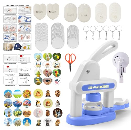 3-in-1 Kids Button Maker Machine 35mm+55mm Round & Heart Shape, Includes 12 Sets of Consumables per Size, Rotating Badge Press for DIY Crafts Pink