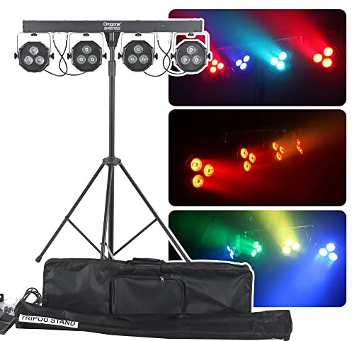 DragonX 4 Gig Bar DJ Lighting System | All-in-One LED Stage Lights with Stand, Foot Pedal & DMX Control | Portable Professional Strobe Lights for DJs, Bands, Weddings, Churches & Live Events