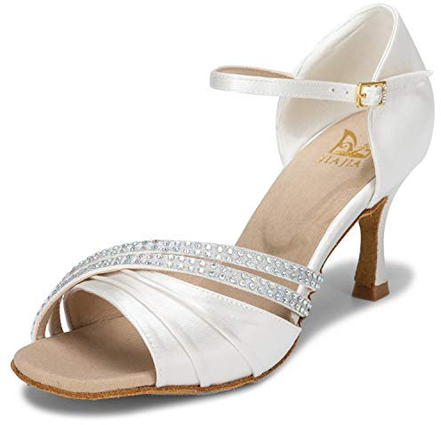 JIAJIA 20524 Damen Sandalen Ausgestelltes Heel Super-Satin Latein Strass Tanzschuhe Farbe Elfenbein,Größe 39 EU