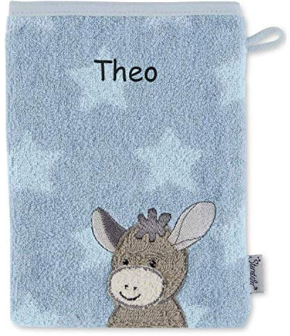 Sterntaler Kinder/Baby Waschhandschuh bestickt mit Namen, Emmi Waschlappen personalisiert zur Geburt, Taufe oder als Geschenk zum Geburtstag, Esel Emmi mit Sternen, Blau Junge
