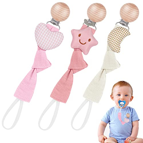 Vicloon Schnullerkette Baumwolle,3 Stück Schnullerkette Baby for Mädchen und Jungs,Baby Schnullerkette Clip Geschenk zum Baby -Stern
