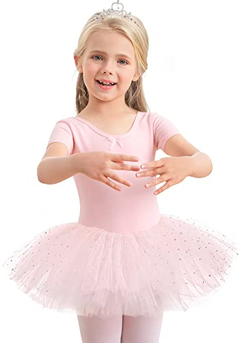 Aiseyi Ballettkleidung Ballettkleid Mädchen Pailletten Ballett Tütü Kinder Baumwolle Tanzkleid Kurzarm Balletttrikot Ballettanzug Ballett kleider Ballerina Tutu Rosa 2-3 Jahre