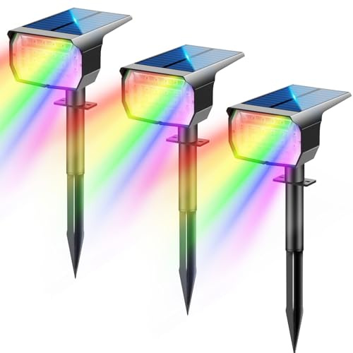LOTMOS 3Pcs Solar Spot Lights Outdoor Garden 20 LED Color Changing RGB Lights Landscape Spotlight IP67 Waterproof Wall Light Uplighters Christmas Decor for Pathway, Patio, Gate, Fence