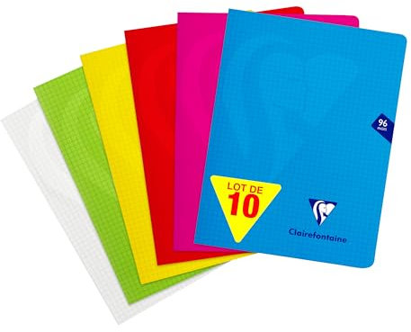 Clairefontaine 303742Cpack Un lot de 10 Cahiers Agrafés Mimesys - 17x22 cm - 96 Pages Petits Carreaux - Papier Blanc 90 g - Couvertures Polypro Assorties Aléatoires