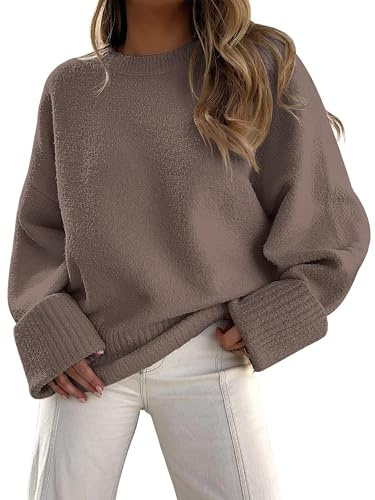 Jhsnjnr Women's Chunky Warm Fluffy Jumper Crew Neck Knitted Pullover Oversized Casual Long Sleeve Sweaters Light Brown