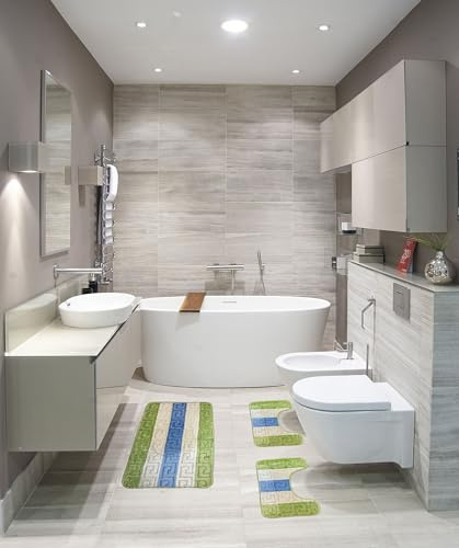 HOME ZEN HOUSEHOLD LINEN Set di Tappeti da Bagno 3 Pezzi ATENE, Disegno Greco in Rilievo, con Gomma Antiscivolo, Tappeto 45x75 cm, 2 Girowater 45x38 cm (VERDE)