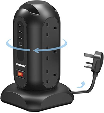 SAFEMORE Extension Lead Tower with USB Slots, 9 Way Surge Protected Power Strip with 1 USB-C PD 20W, 3250W/13A Multi Plug Extension with 6.56FT Retractable Extension Cord for Home Office Kitchen
