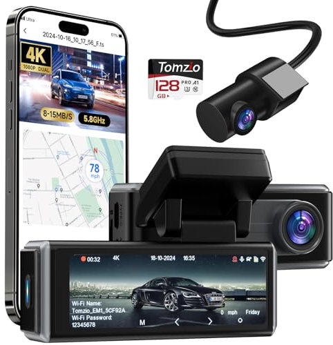 Tomzio Dash Cam Front and Rear Camera 4K,Free 128GB Card,Built-in GPS 5.8GHz WiFi up to 8-15MB/s Fastest Download Speed,Dual Dash Cam for Cars,3.2 IPS Screen,24H Parking Monitor,WDR,ADAS