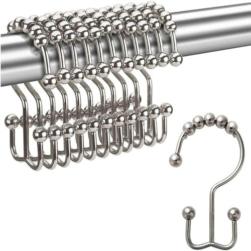 12 Stück Duschringe,Duschvorhangringe Haken,Doppel Duschvorhangringe Edelstahl mit Gleitsystem Duschringe,Duschvorhang Haken,Duschvorhang Ringe für Badvorhänge und Gartenvorhänge