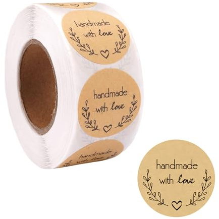 500 Pezzi 2.5 cm Rotonde Autoadesivo Handmade with Love, Etichette Regalo Adesive, Kraft Realizzato Adesivi Amore, Fatto a Mano Etichette Adesive, Chiudipacco Adesivi per Sacchetti Scatole Bomboniere