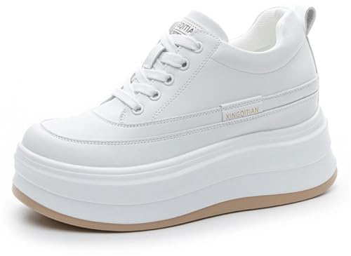 Zapatillas De Deporte con Cuña De Plataforma De Cuero, Tacón Oculto De 3 Pulgadas Boost Zapatos De Moda Casual para Mujeres Y Niñas,Blanca,35 EU