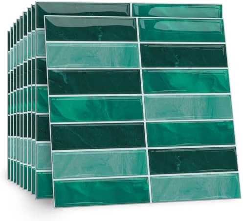 TOARTi 10 Sheets 2D Dark Green Gradient Self Adhesive Wall Tiles,12×12inch Stick On Wall Tiles Kitchen Splashbacks for Walls,Tile Stickers Peel and Stick Backsplash Splashback Decals Tile