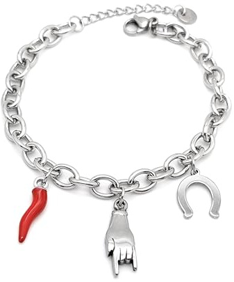 DEIMODRA Bracciale Donna Portafortuna con Ciondoli Mano Cornuta, Corno e Ferro di Cavallo | Gioiello Anti Malocchio in Acciaio Inossidabile Regolabile | Idea Regalo per Buona Fortuna